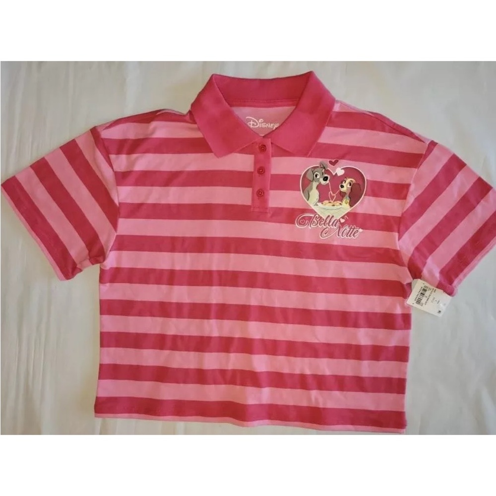 Girls Lady & The Tramp Shirt Large 10-12 Crop Cut Polo Short Sleeve Top Striped